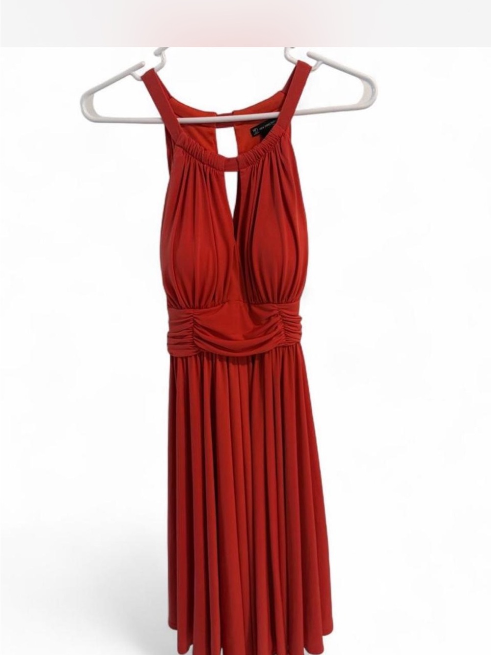 Sleeveless Coral Halter Midi Dress with Built in Bra.